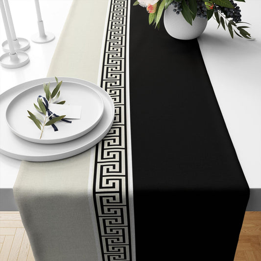 Table Runner Black Cream Greek Key Pattern Traditional Dining Room Decor Textile Accent