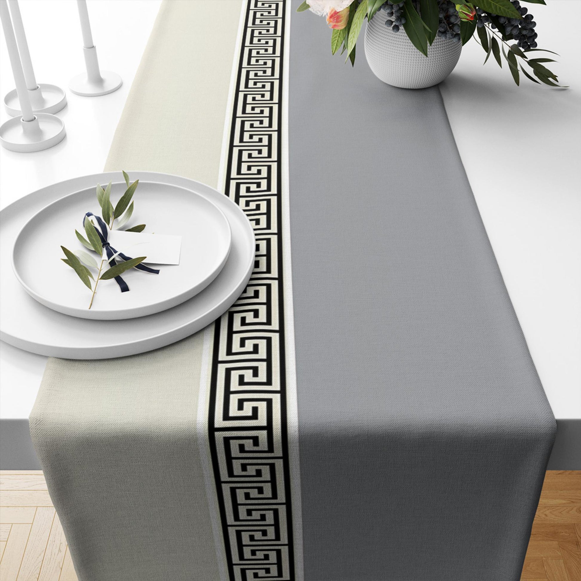 Table Runner Gray Cream Greek Key Pattern Modern Traditional Dining Room Decor Textile Accent