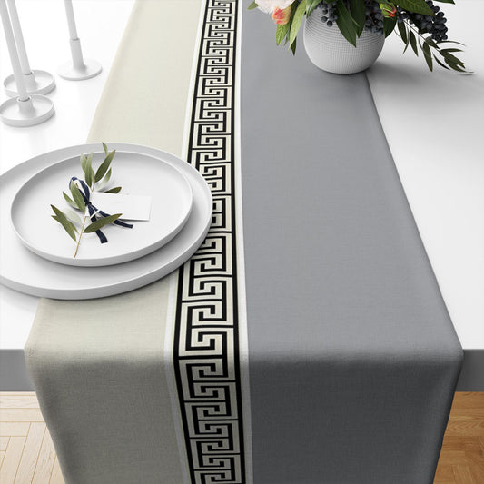 Table Runner Gray Cream Greek Key Pattern Modern Traditional Dining Room Decor Textile Accent
