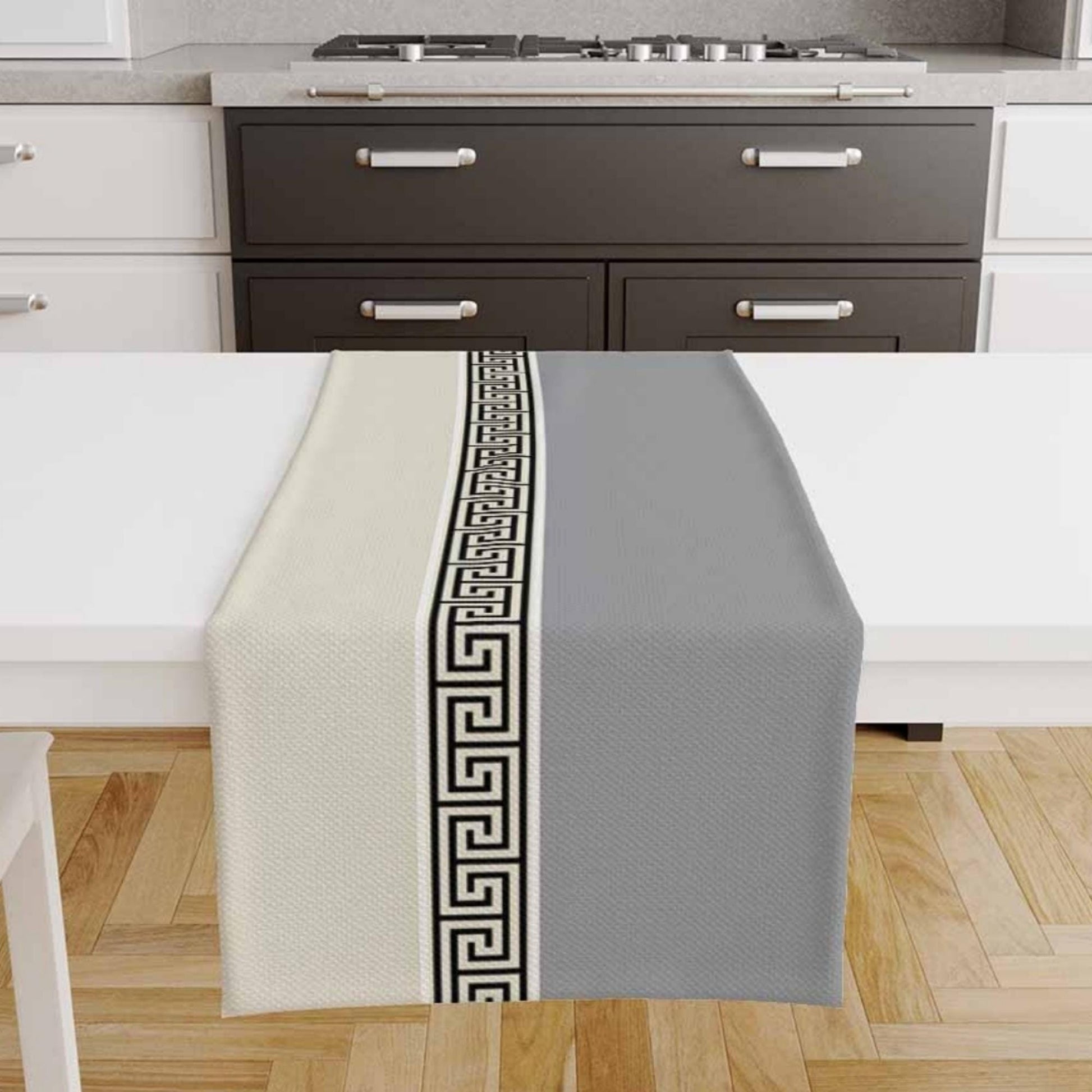 Table Runner Gray Cream Greek Key Pattern Modern Traditional Dining Room Decor Textile Accent