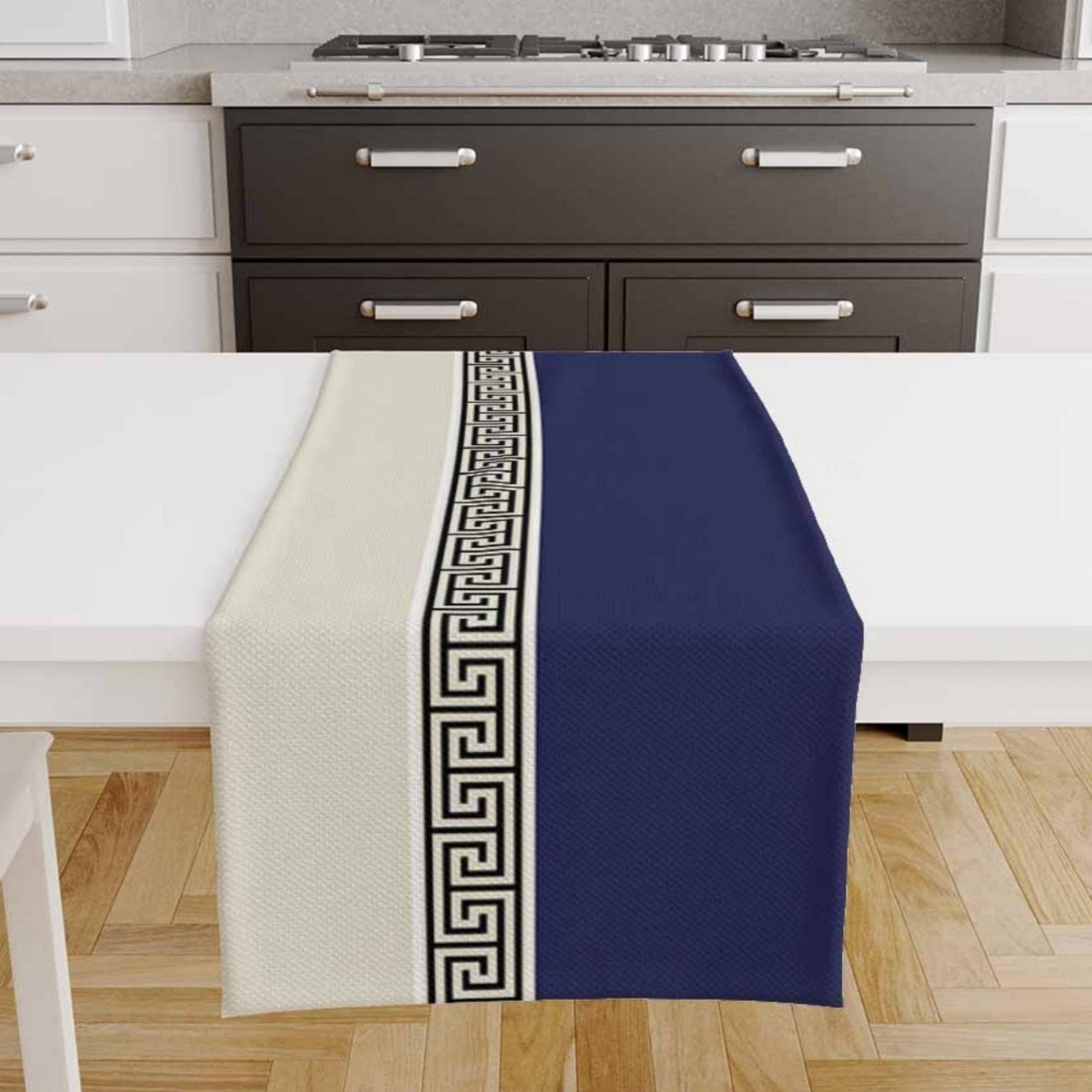 Table Runner Navy Blue Greek Key Pattern Modern Traditional Dining Room Decor Textile Accent