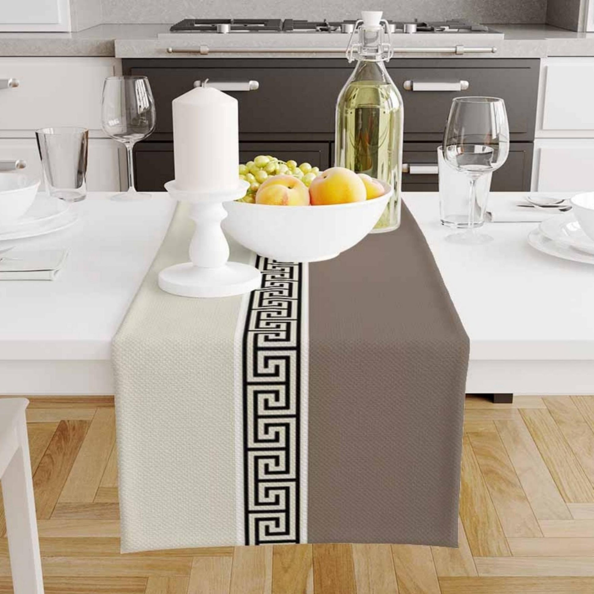 Table Runner Cream Brown Greek Key Pattern Modern Traditional Dining Room Decor Textile Accent