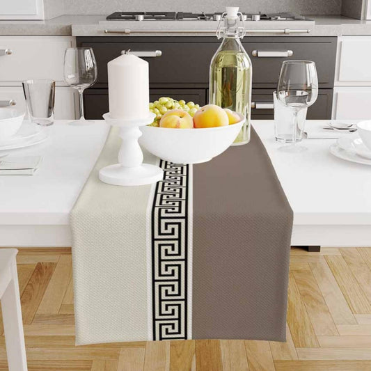 Table Runner Cream Brown Greek Key Pattern Modern Traditional Dining Room Decor Textile Accent