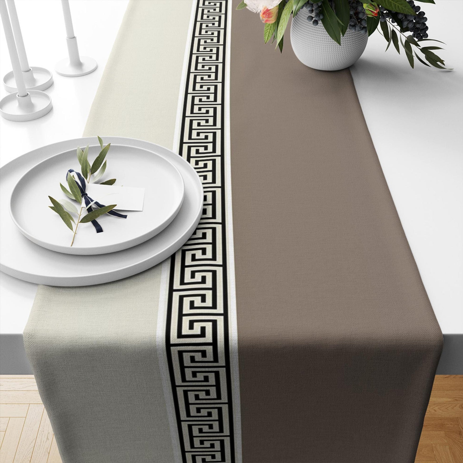 Table Runner Cream Brown Greek Key Pattern Modern Traditional Dining Room Decor Textile Accent