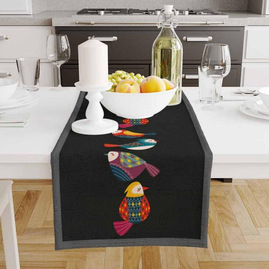 Table Runner Colorful Birds Design on Black Background Pattern Modern Dining Room Decor Textile Accent