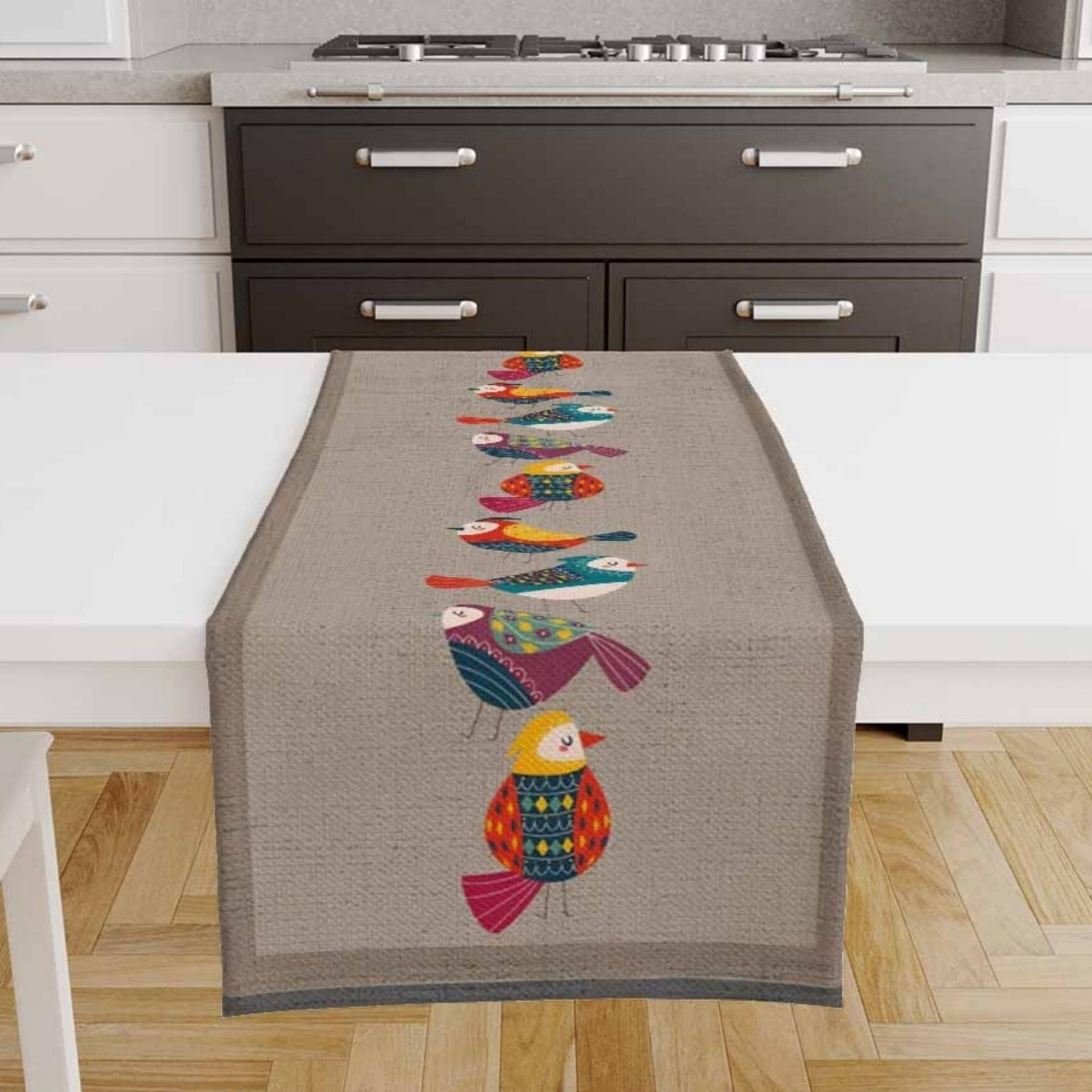 Table Runner Colorful Birds Design on Brown Background Pattern Modern Dining Room Decor Textile Accent