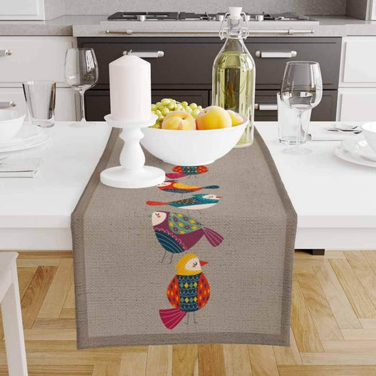 Table Runner Colorful Birds Design on Brown Background Pattern Modern Dining Room Decor Textile Accent