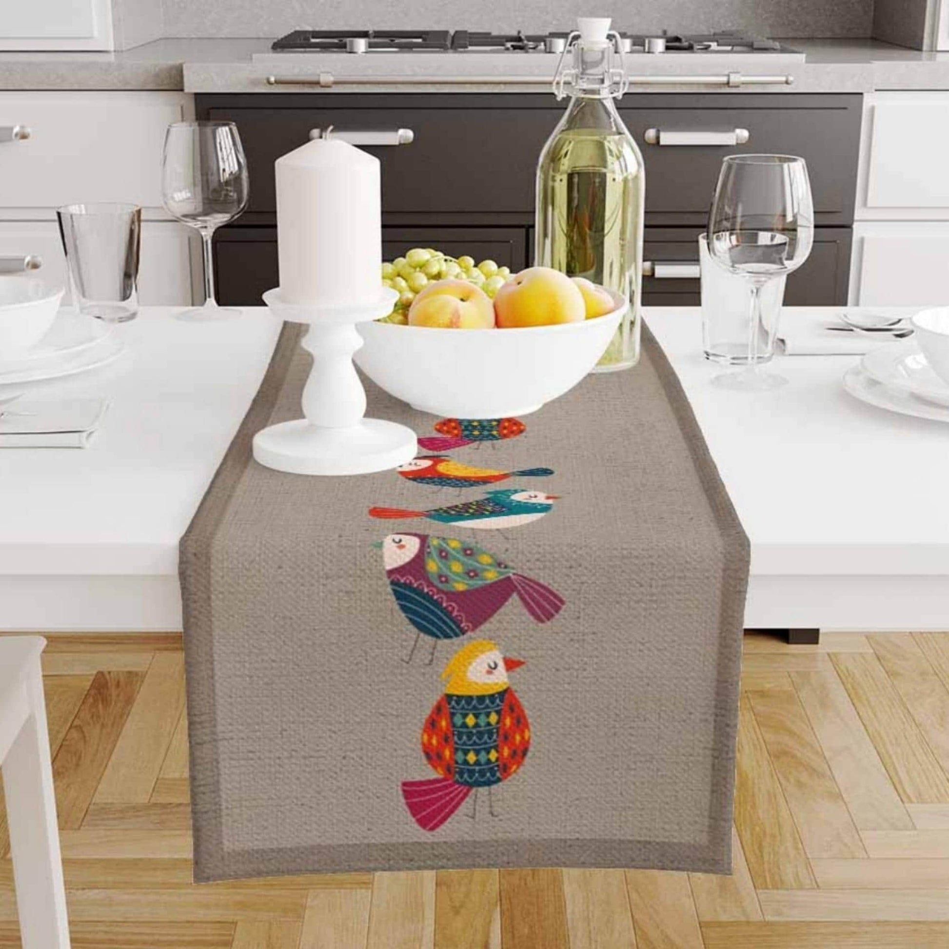 Table Runner Colorful Birds Design on Brown Background Pattern Modern Dining Room Decor Textile Accent