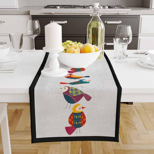 Table Runner Colorful Birds Design on Gray Background Pattern Modern Dining Room Decor Textile Accent