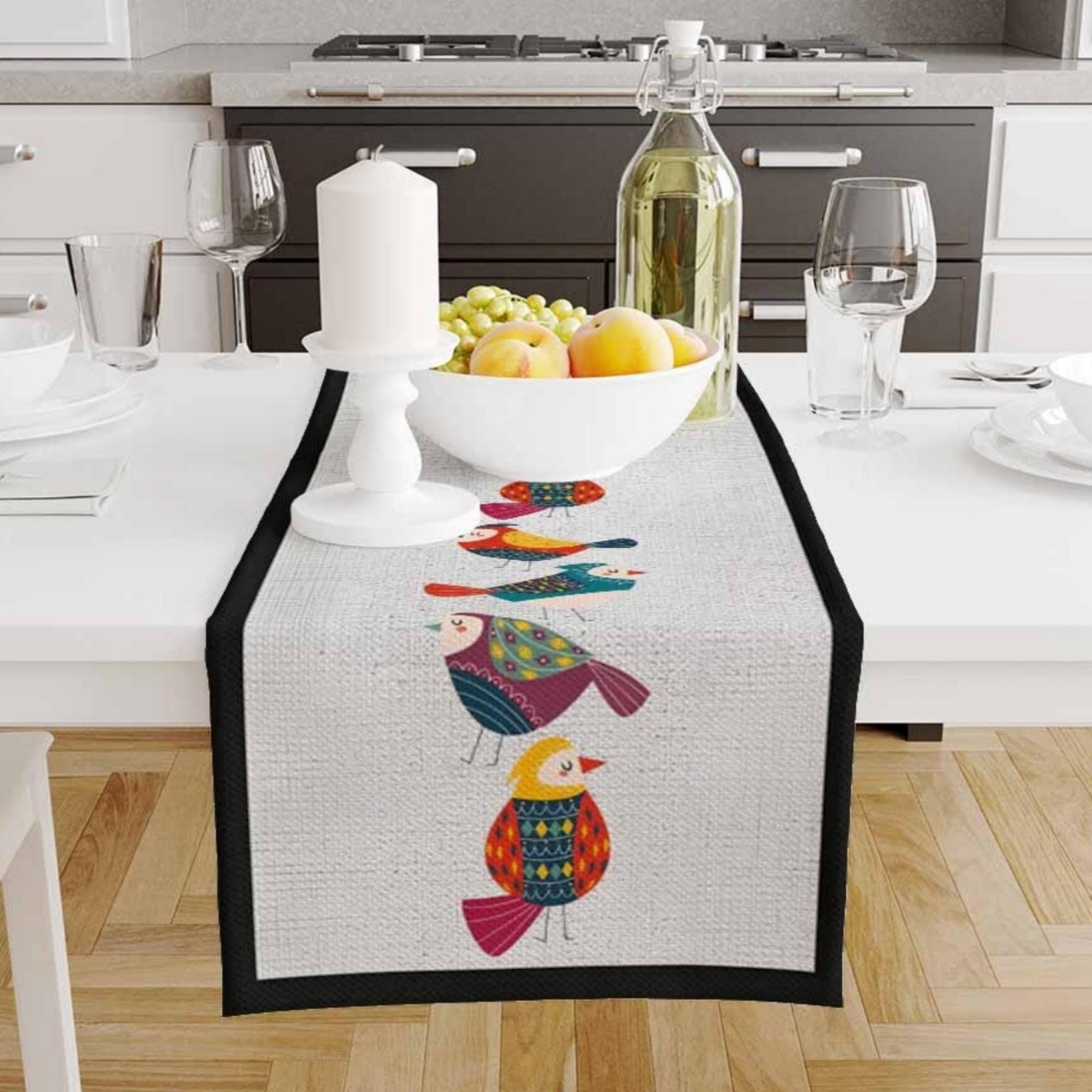 Table Runner Colorful Birds Design on Gray Background Pattern Modern Dining Room Decor Textile Accent
