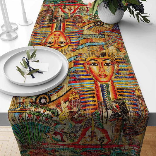 Table Runner Authentic Ethnic Retro Eagypt Pharaoh Pattern, Mystic Dining Room Decor, Textile Accent, Unique Home Decoration