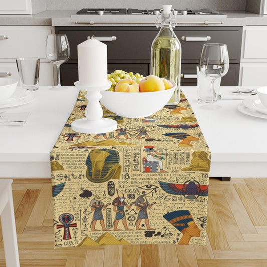 Table Runner Authentic Ethnic Retro Eagypt Pyramid Figures, Mystic Dining Room Decor, Textile Accent, Unique Home Decoration