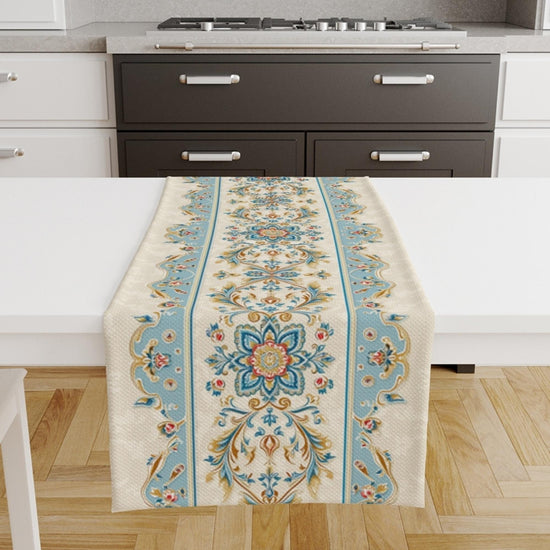 Table Runner Authentic Ethnic Retro Blue Cream Ottoman Turkish Floral, Vintage Dining Room Decor, Textile Accent, Unique Home Decoration