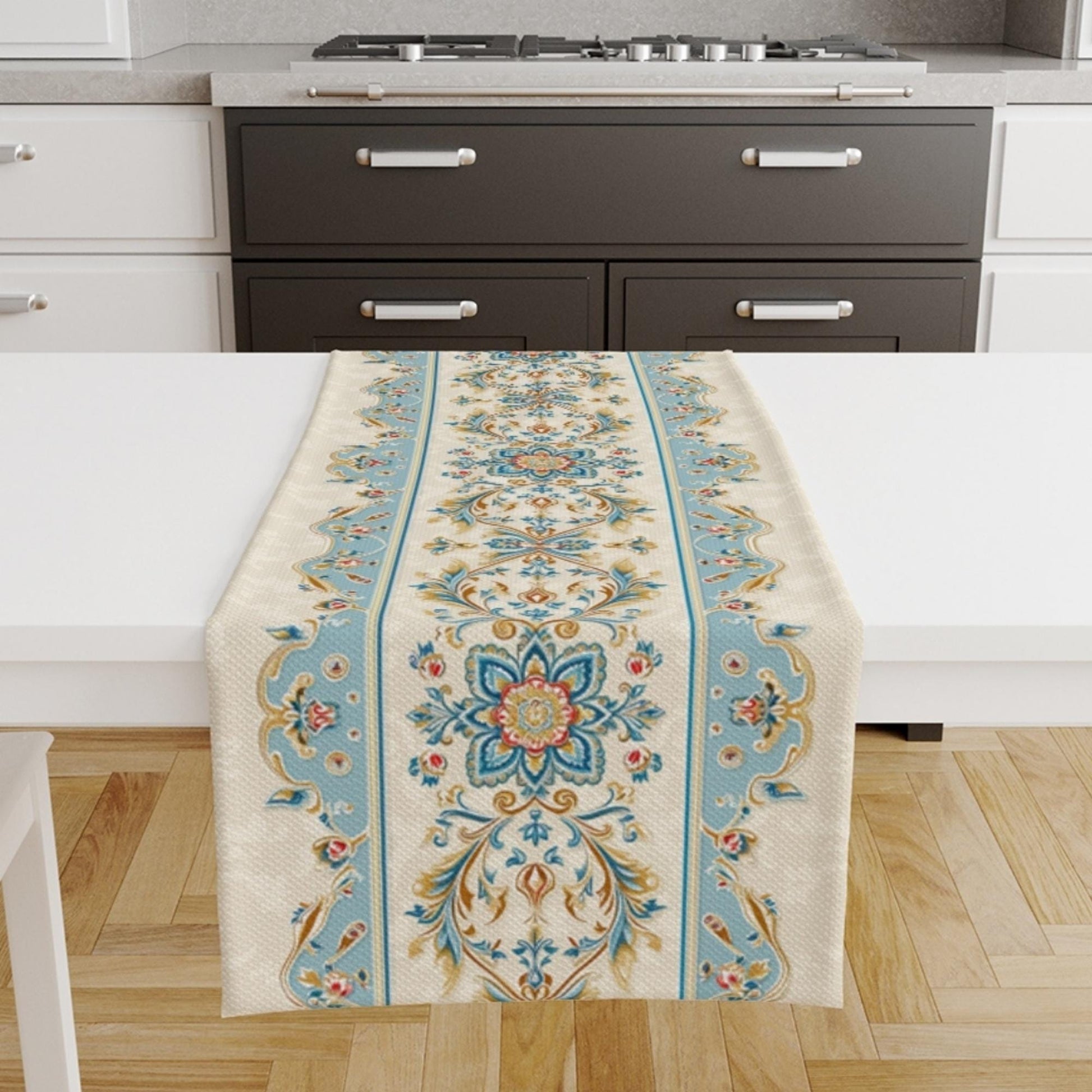 Table Runner Authentic Ethnic Retro Blue Cream Ottoman Turkish Floral, Vintage Dining Room Decor, Textile Accent, Unique Home Decoration