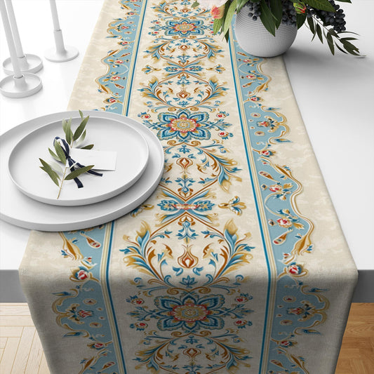 Table Runner Authentic Ethnic Retro Blue Cream Ottoman Turkish Floral, Vintage Dining Room Decor, Textile Accent, Unique Home Decoration