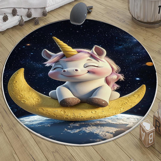 Round Moon Star Unicorn Child Room Rug, Cute Girl Rug For Kids Room, Playground Rug, Baby Rug, Nursery Decor with pillow case gift