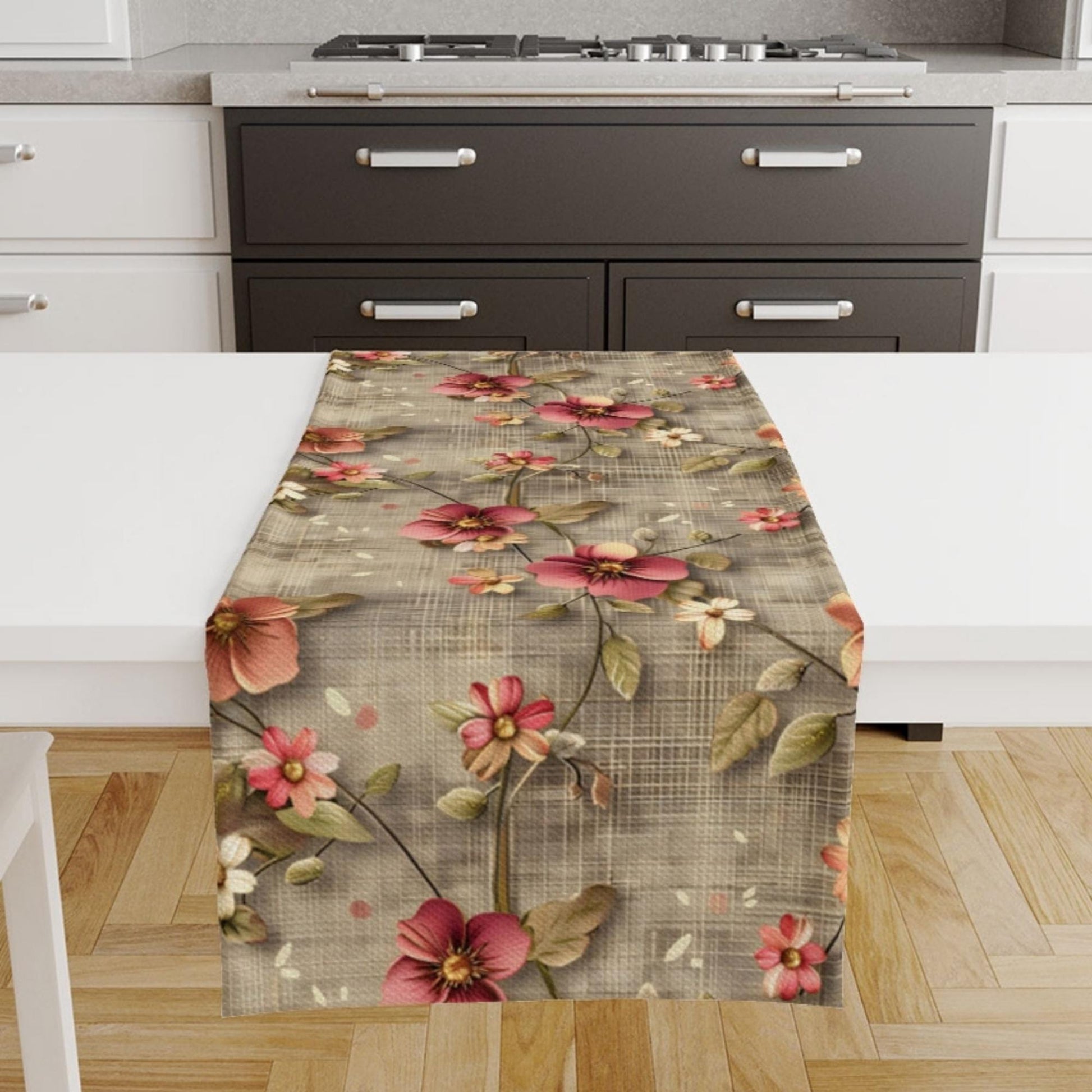 Table Runner Red Roses Botanical Floral Flowers Brown Background, Modern Dining Room Decor Accent Home Decoration
