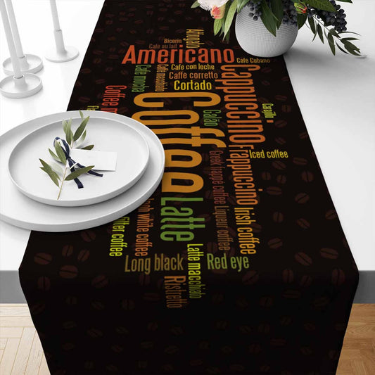 Table Runner Black Coffee Colorful Writen Cafe Theme Pattern, Modern Dining Room Decor Accent Home Decoration