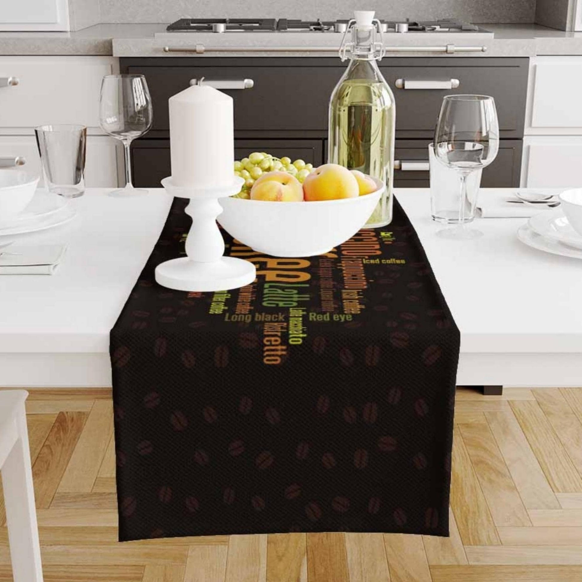 Table Runner Black Coffee Colorful Writen Cafe Theme Pattern, Modern Dining Room Decor Accent Home Decoration