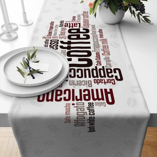 Table Runner Black Coffee Colorful Writen Cafe Theme Pattern, Modern Dining Room Decor Accent Home Decoration