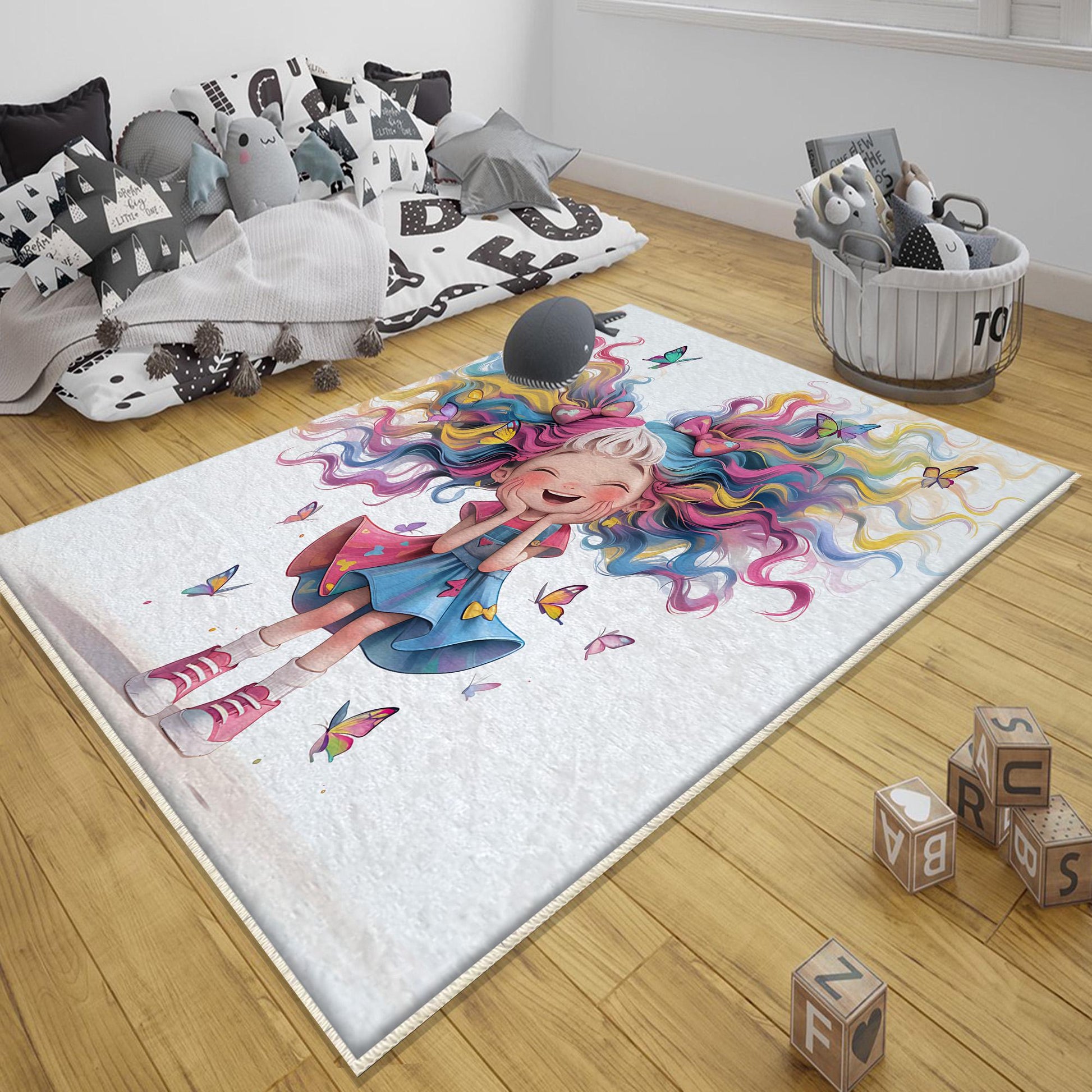 Colourful Cute Girls Kids Room Rug, Cute Girls Rug For Kids Room, Playground Rug, Baby Rug, Nursery Decor with pillow case gift
