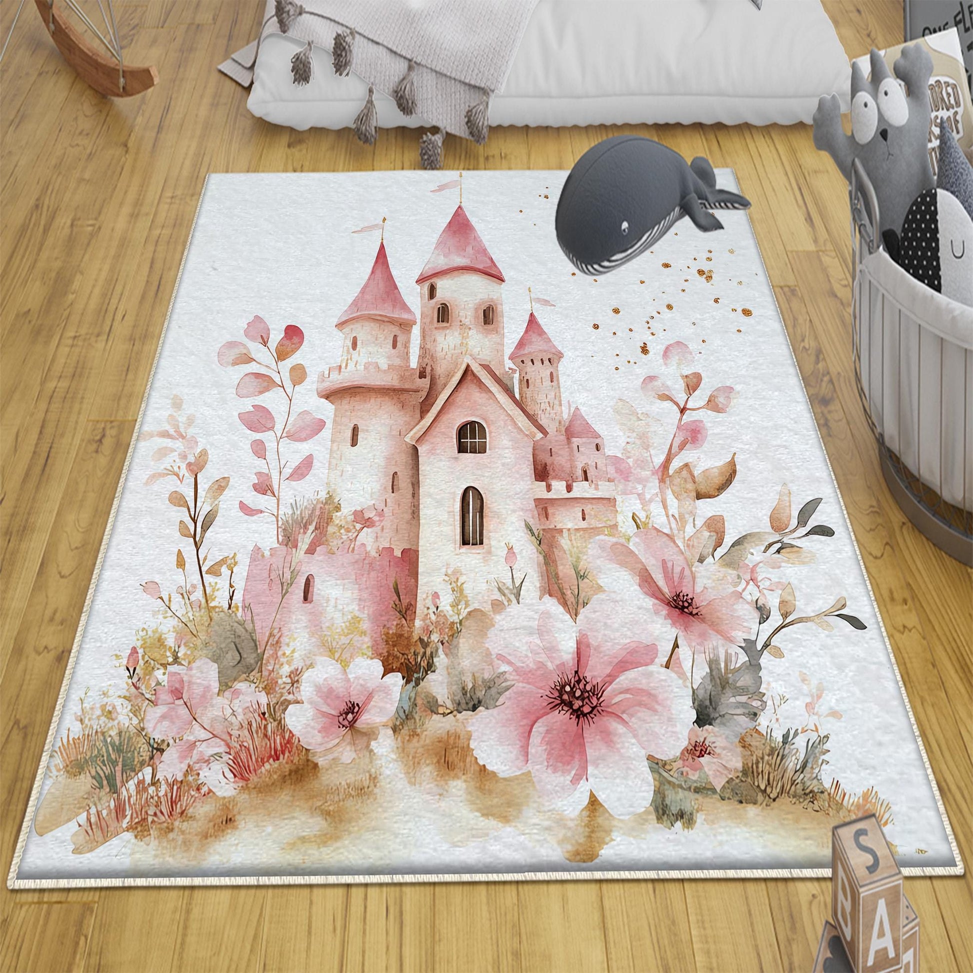 Round Medieval Castle Floral Nursery Room Rug, Cute Girl Rug Gift For Kids, Baby Shower Rug, Baby Gift, Nursery Decor with pillow case gift