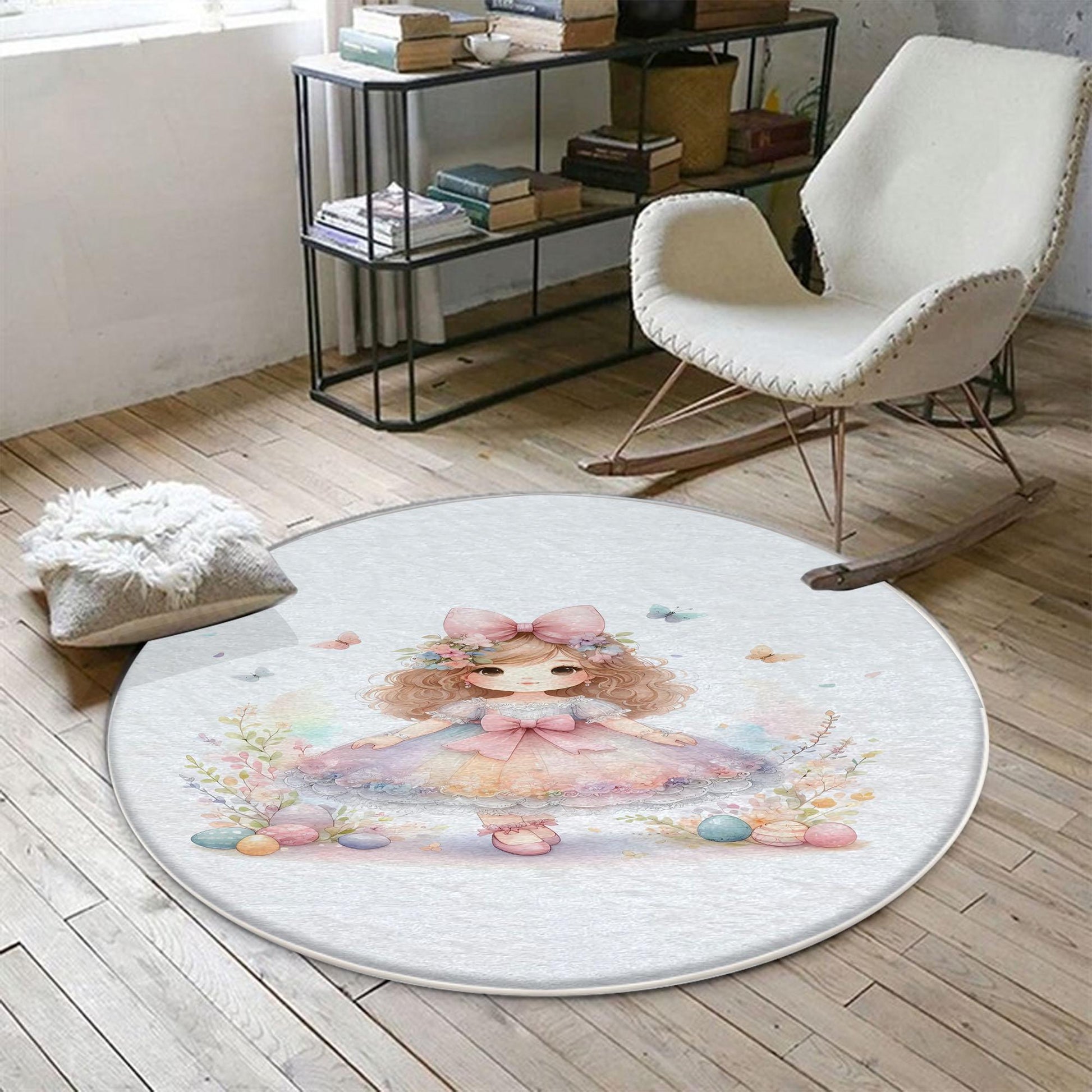 Round Little Princess Floral Nursery Room Rug, Cute Girl Rug Gift For Kids, Baby Shower Rug, Baby Gift, Nursery Decor with pillow case gift