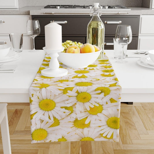 Table Runner White Yellow Daisy Floral Flowers Modern Dining Room Decor Accent Home Decoration