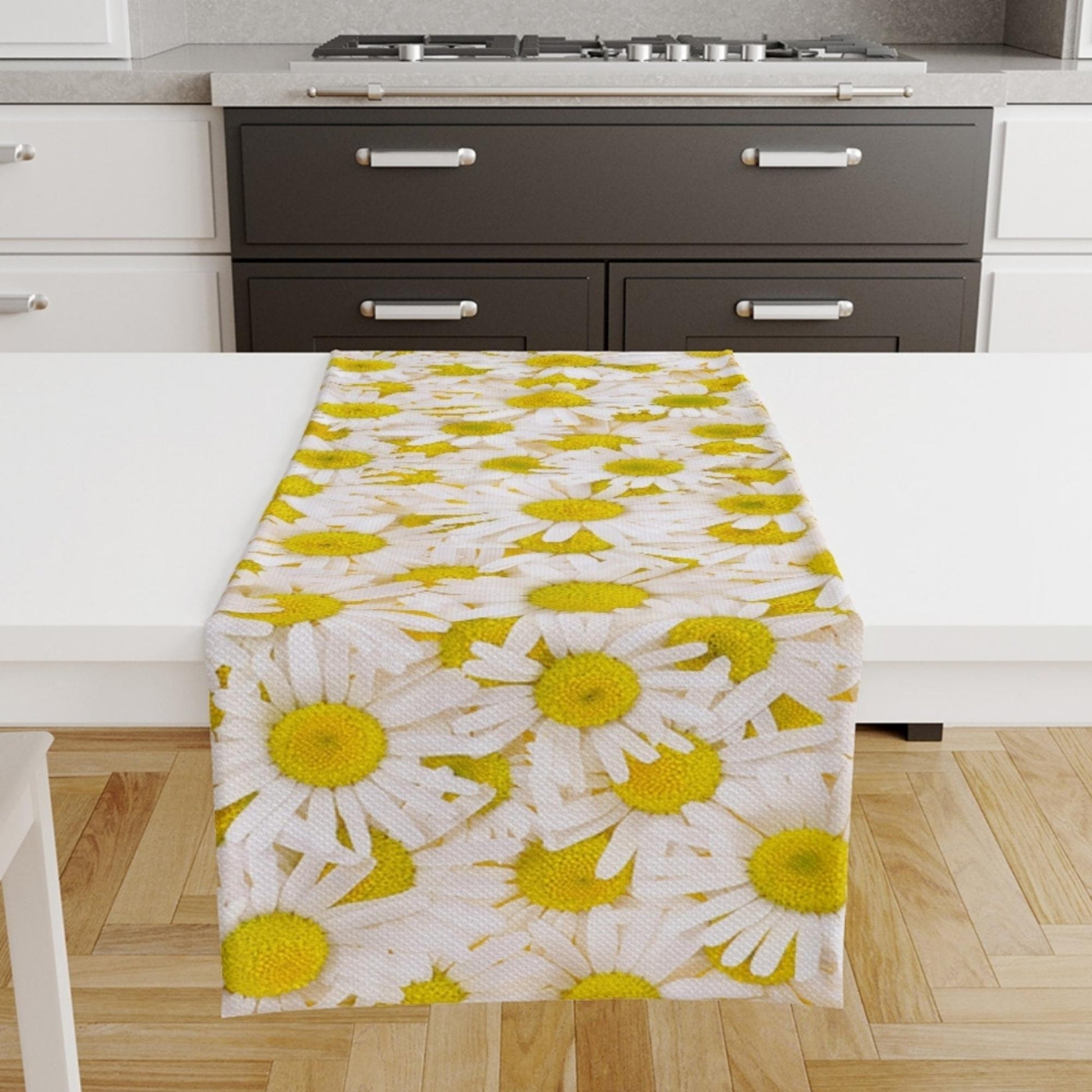 Table Runner White Yellow Daisy Floral Flowers Modern Dining Room Decor Accent Home Decoration
