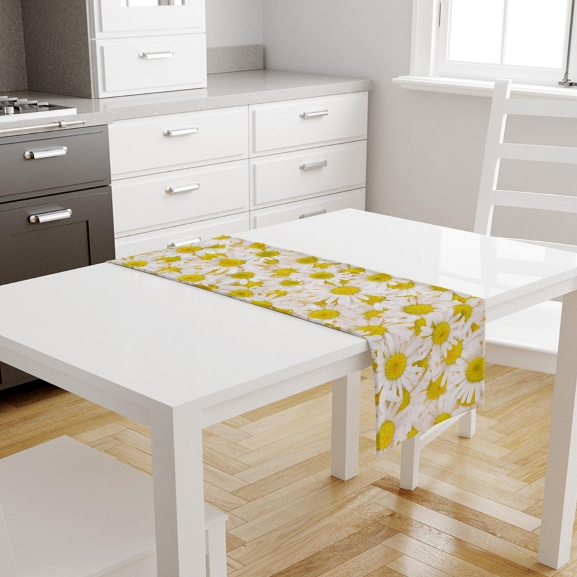 Table Runner White Yellow Daisy Floral Flowers Modern Dining Room Decor Accent Home Decoration