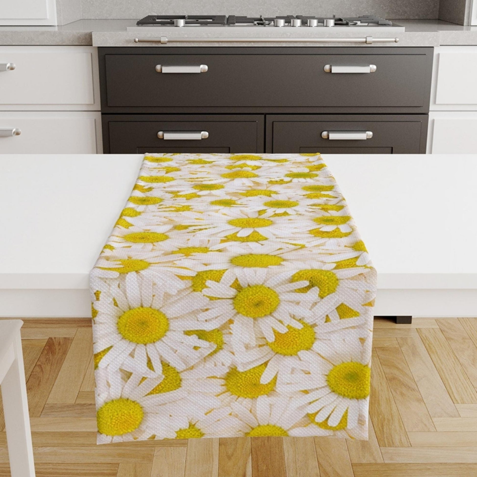 Table Runner White Yellow Daisy Floral Flowers Modern Dining Room Decor Accent Home Decoration