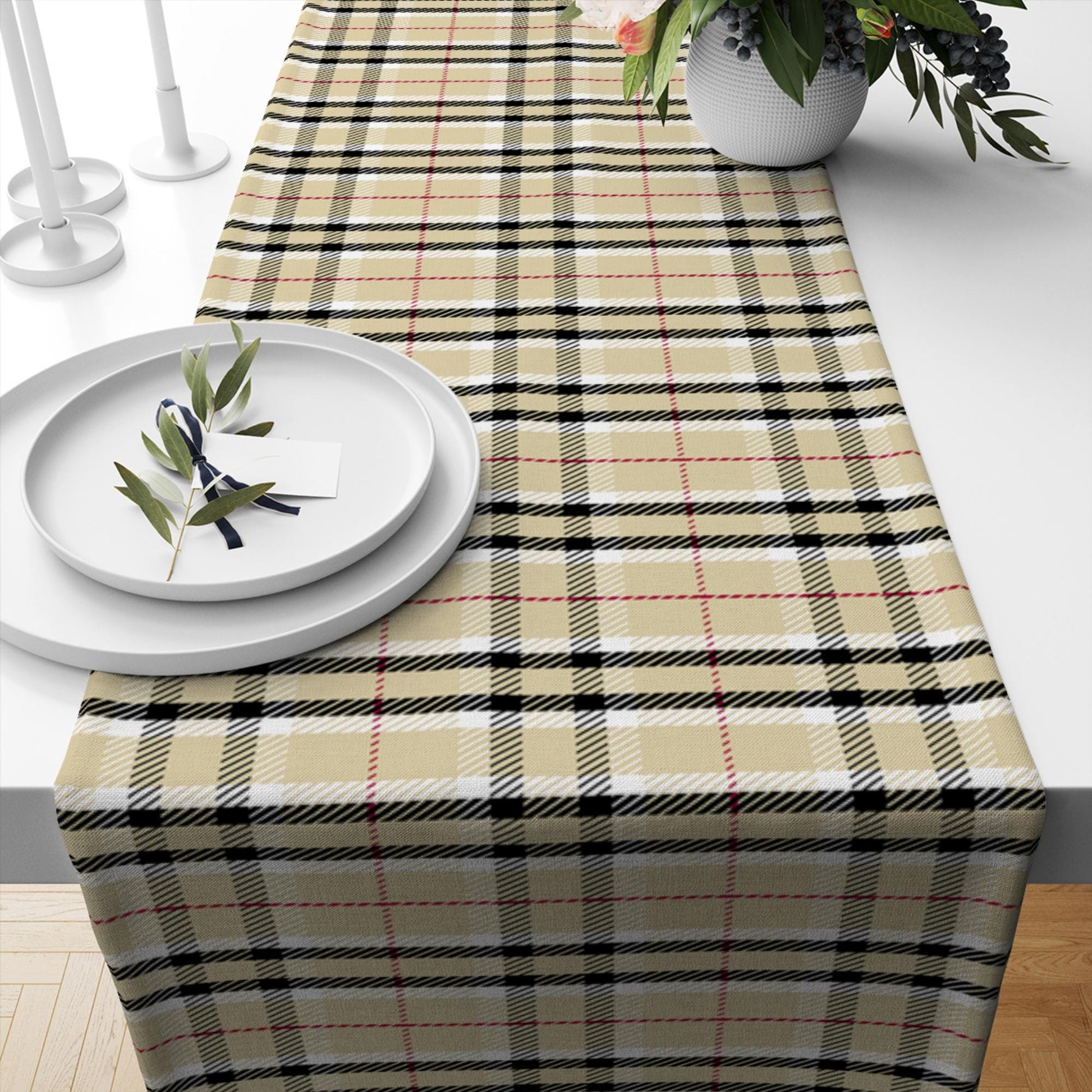 Table Runner Checked Plaid Brown Black Red Lines Modern Dining Room Decor Accent Home Decoration