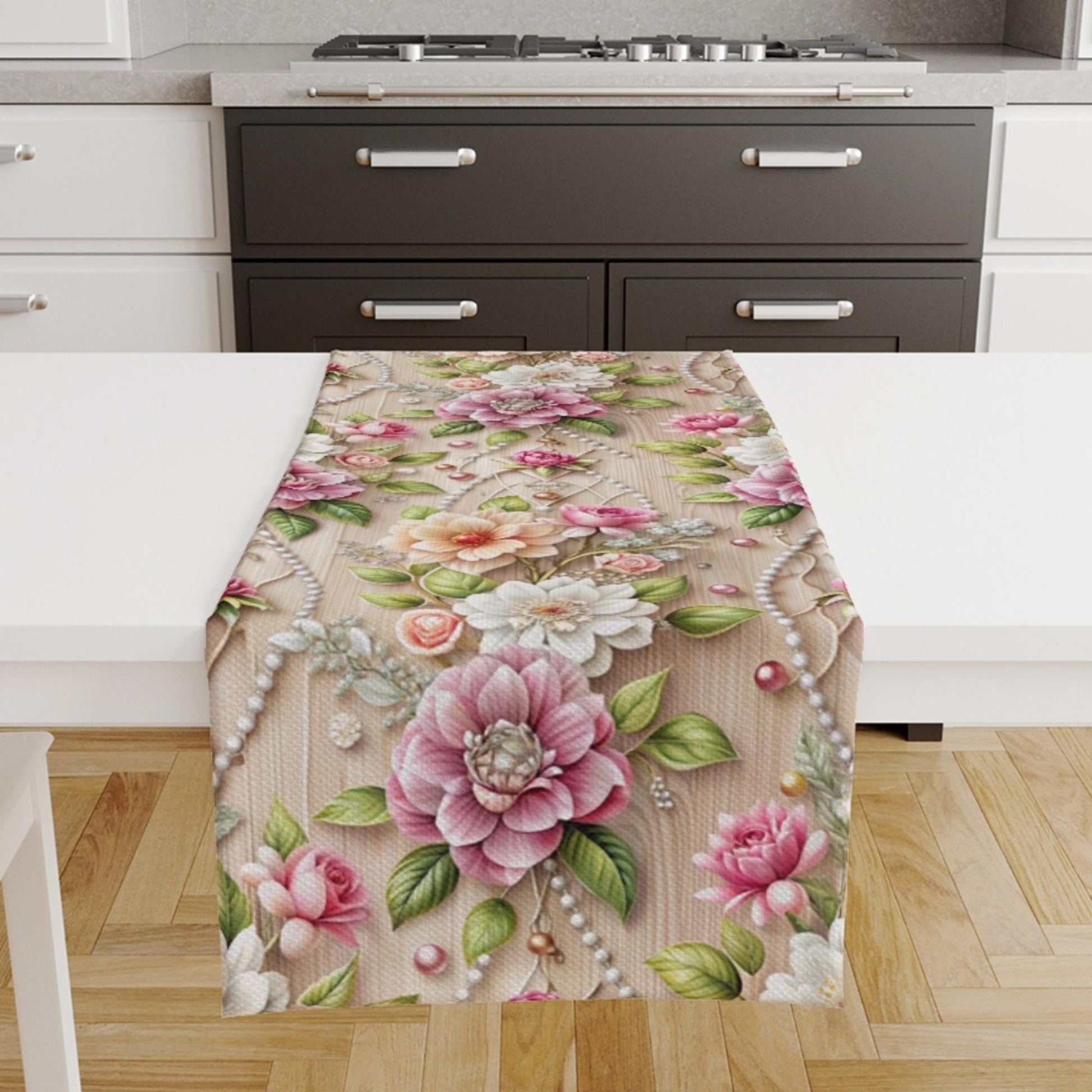 Table Runner Pink White Roses Pearl Floral Flowers Botanical Modern Dining Room Decor Accent Home Decoration