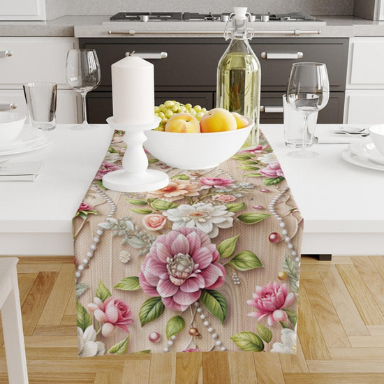 Table Runner Pink White Roses Pearl Floral Flowers Botanical Modern Dining Room Decor Accent Home Decoration