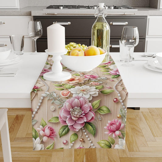 Table Runner Pink White Roses Pearl Floral Flowers Botanical Modern Dining Room Decor Accent Home Decoration