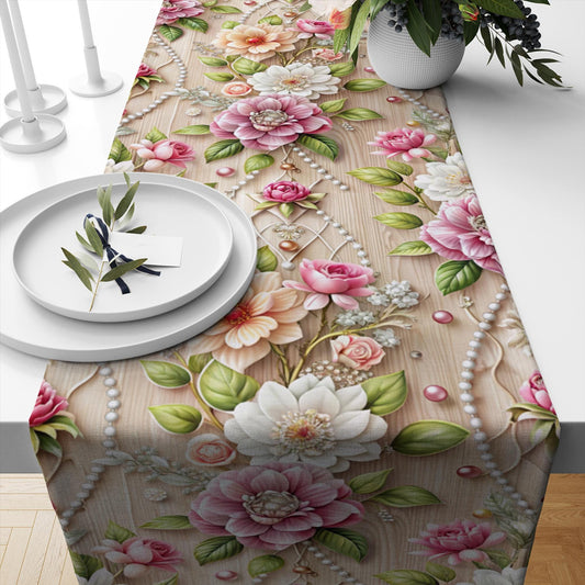 Table Runner Pink White Roses Pearl Floral Flowers Botanical Modern Dining Room Decor Accent Home Decoration