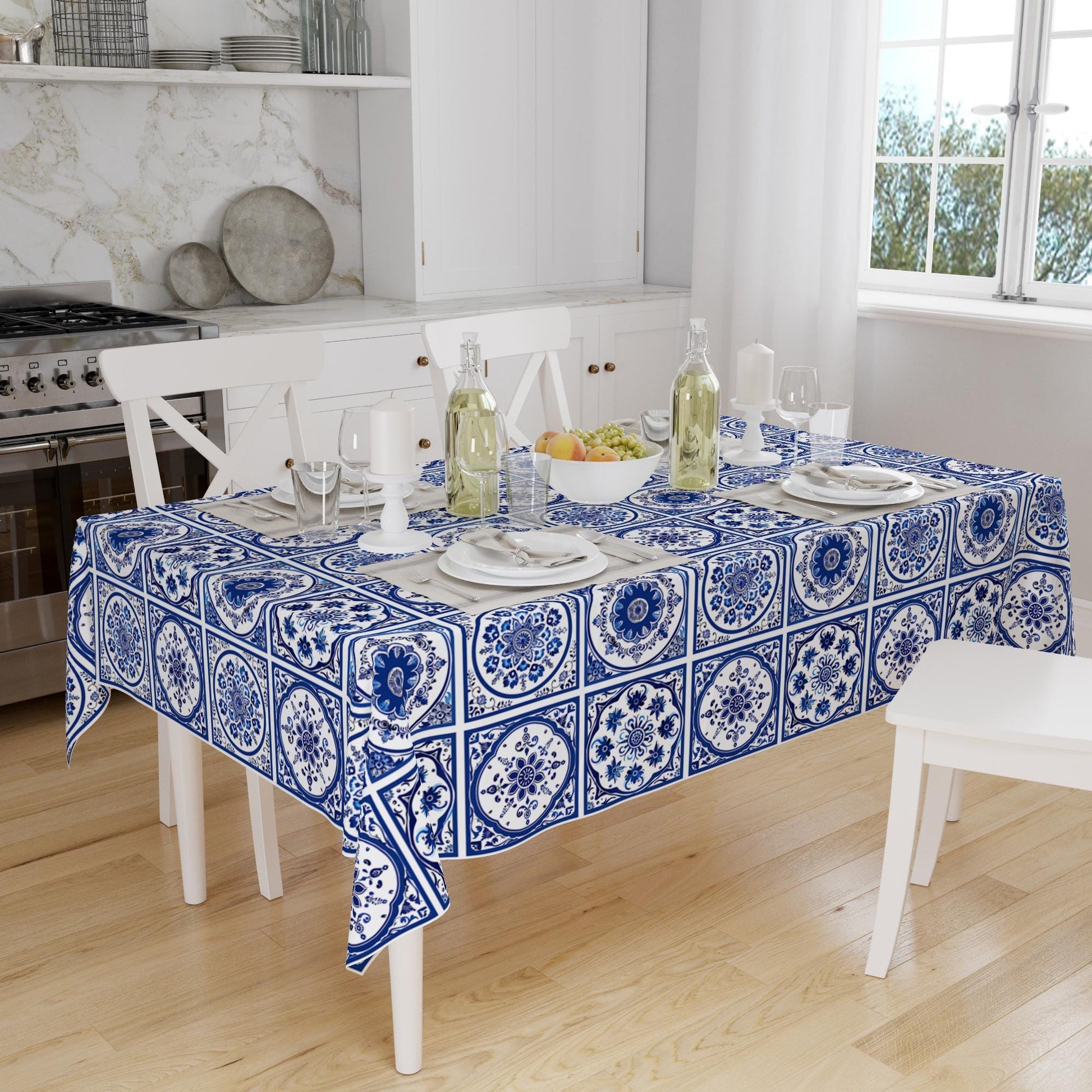 Accent Table Cover, Art Deco Table Linen, Authentic Table Sheet, Modern Tablecloth, Blue White Ottoman Turkish Ethnic Patterned Tablecloth