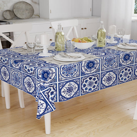 Accent Table Cover, Art Deco Table Linen, Authentic Table Sheet, Modern Tablecloth, Blue White Ottoman Turkish Ethnic Patterned Tablecloth