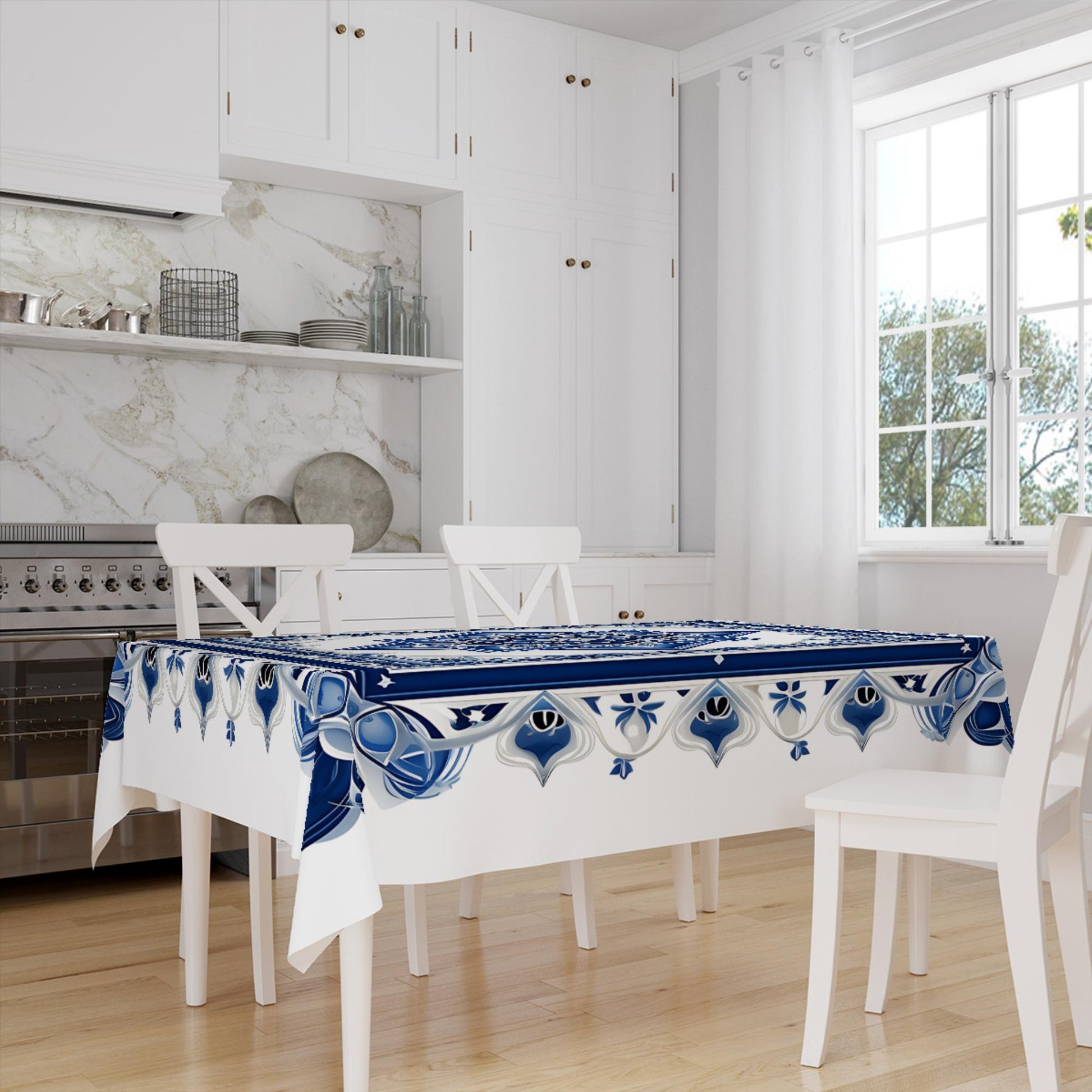 Art Deco Tablecloth Blue White Retro Ottoman Pattern Turkish Ethnic Linen Accent Table Cover Modern Dining Decor