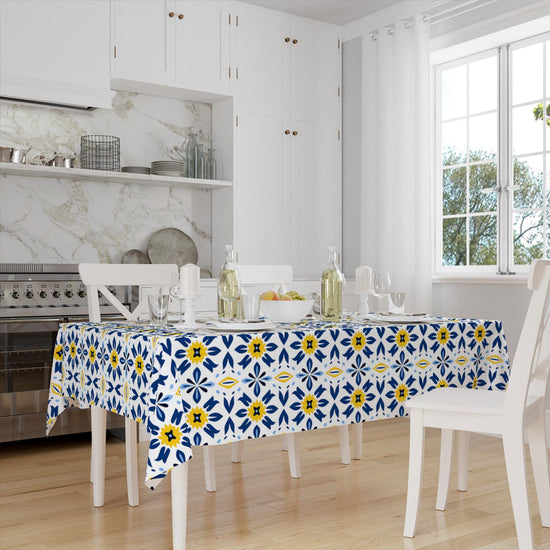 Art Deco Tablecloth Yellow Blue Geometric Retro Ottoman Pattern Turkish Ethnic Linen Accent Table Cover Modern Dining Decor