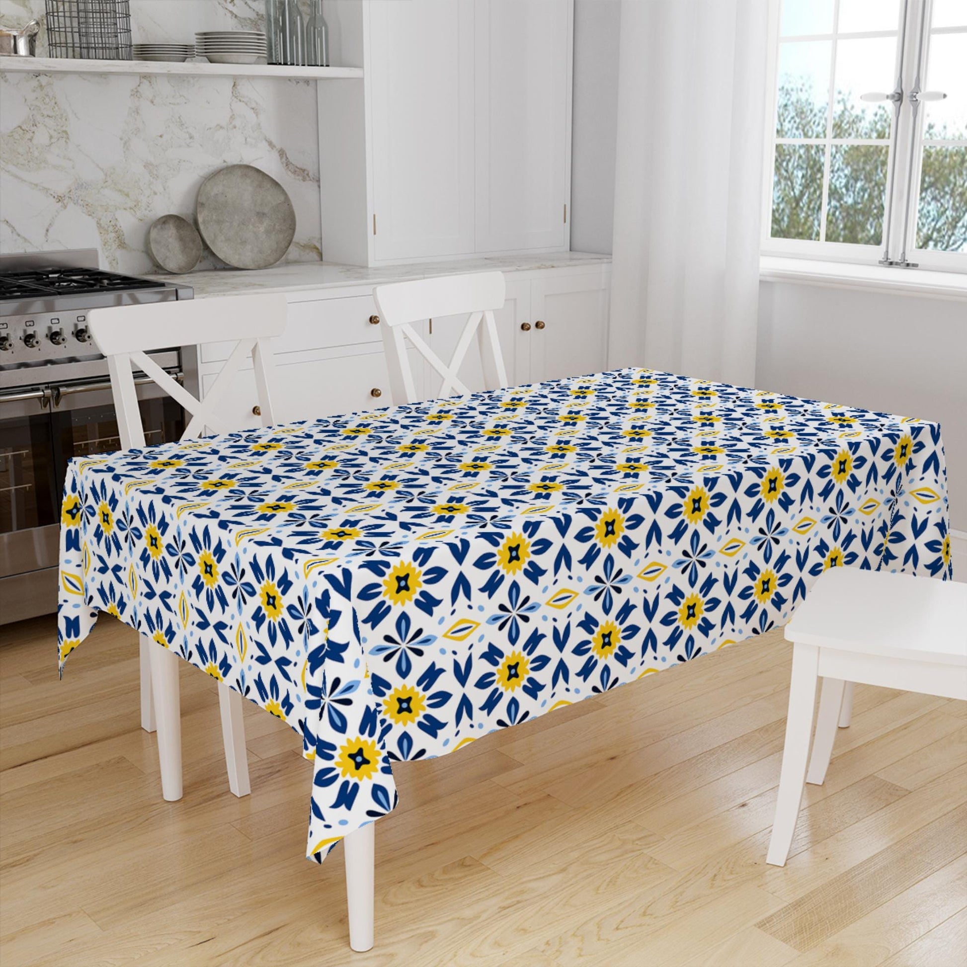 Art Deco Tablecloth Yellow Blue Geometric Retro Ottoman Pattern Turkish Ethnic Linen Accent Table Cover Modern Dining Decor