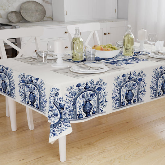 Art Deco Tablecloth Blue Vintage Vase Floral Retro Ottoman Pattern Turkish Ethnic Linen Accent Table Cover Modern Dining Decor