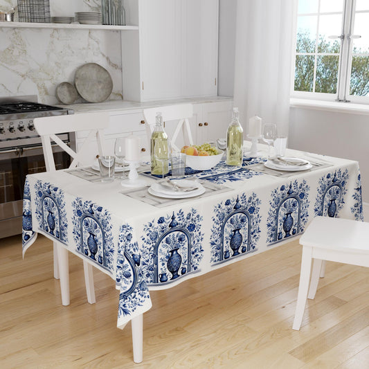 Art Deco Tablecloth Blue Vintage Vase Floral Retro Ottoman Pattern Turkish Ethnic Linen Accent Table Cover Modern Dining Decor