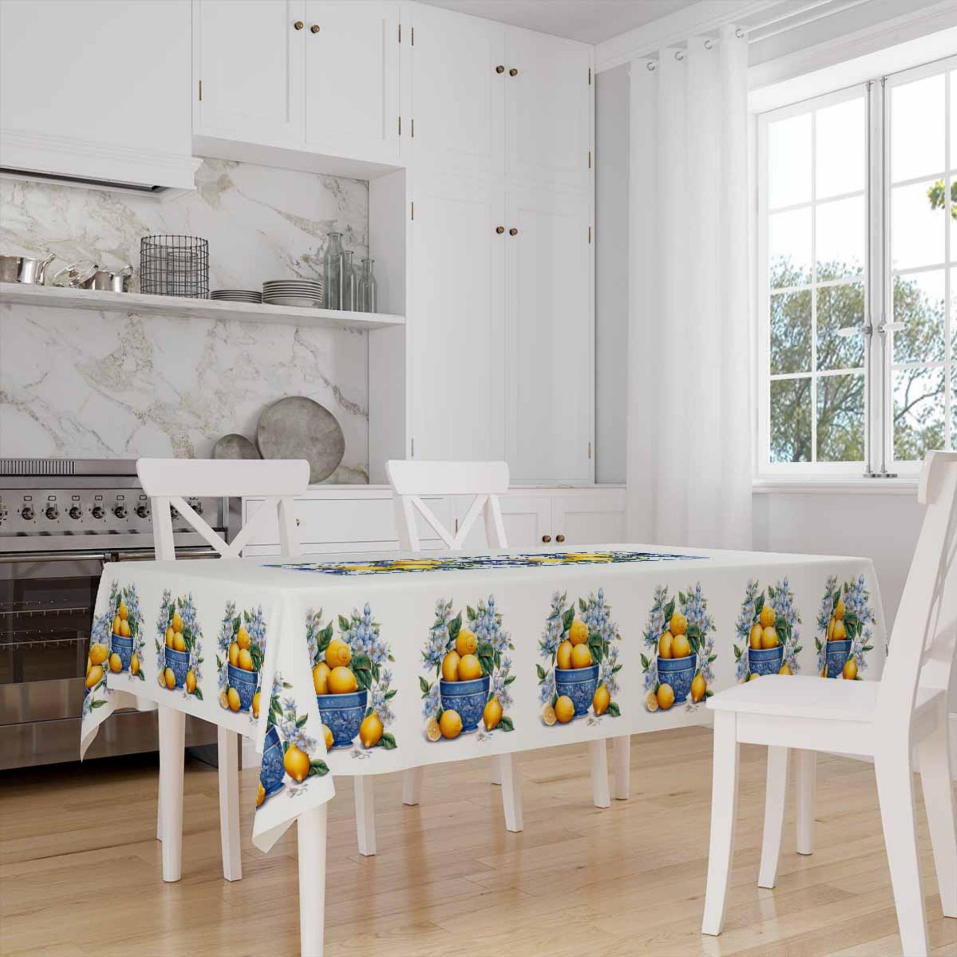Blue Vase Yellow Lemons Flowers Floral Summer Pattern Linen Tablecloth Modern Dining Accent Cover