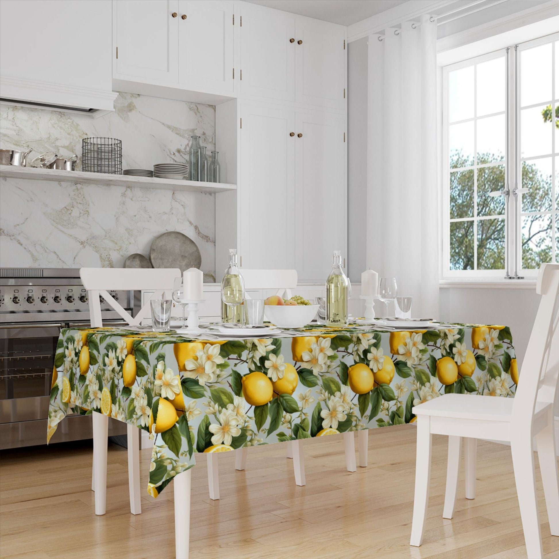 Yellow Lemons Green Leaves Floral Fruits Summer Pattern Linen Tablecloth Modern Dining Accent Cover