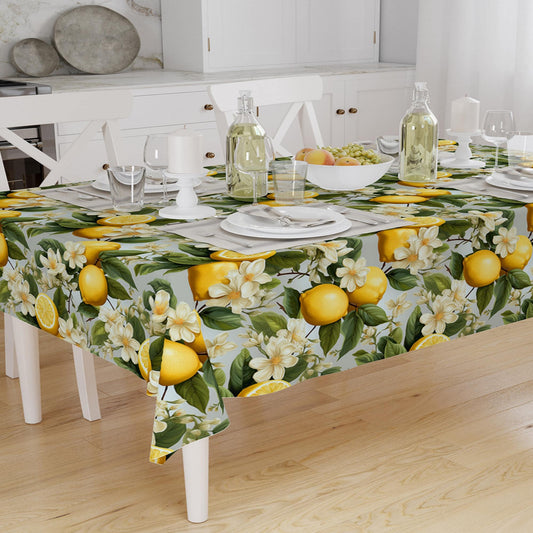 Yellow Lemons Green Leaves Floral Fruits Summer Pattern Linen Tablecloth Modern Dining Accent Cover