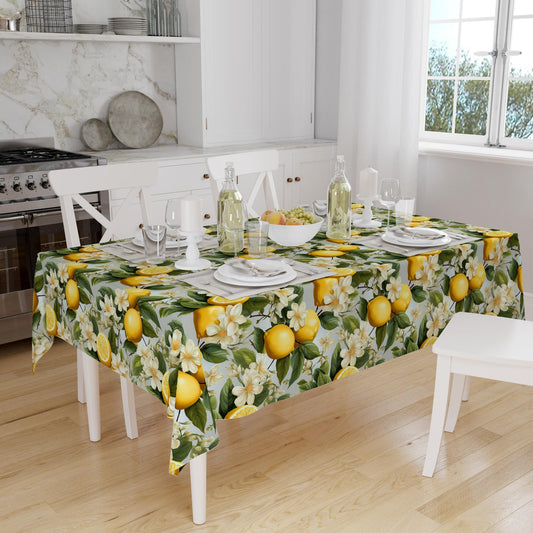 Yellow Lemons Green Leaves Floral Fruits Summer Pattern Linen Tablecloth Modern Dining Accent Cover