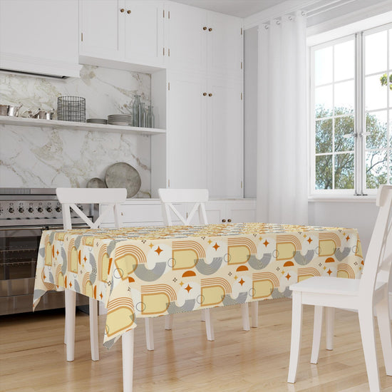 Yellow Orange Bohemian Minimal Geometric Pattern Linen Tablecloth Modern Dining Accent Cover
