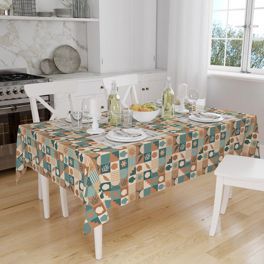 Green Brown Retro Authentic Bohemian Minimal Geometric Pattern Linen Tablecloth Modern Dining Accent Cover