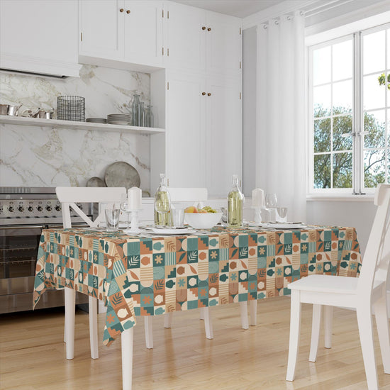 Green Brown Retro Authentic Bohemian Minimal Geometric Pattern Linen Tablecloth Modern Dining Accent Cover